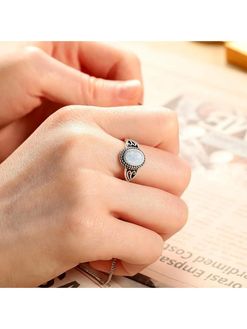 Women's Opal 925 Sterling Silver Oval Adjustable Natural Stone Ring
